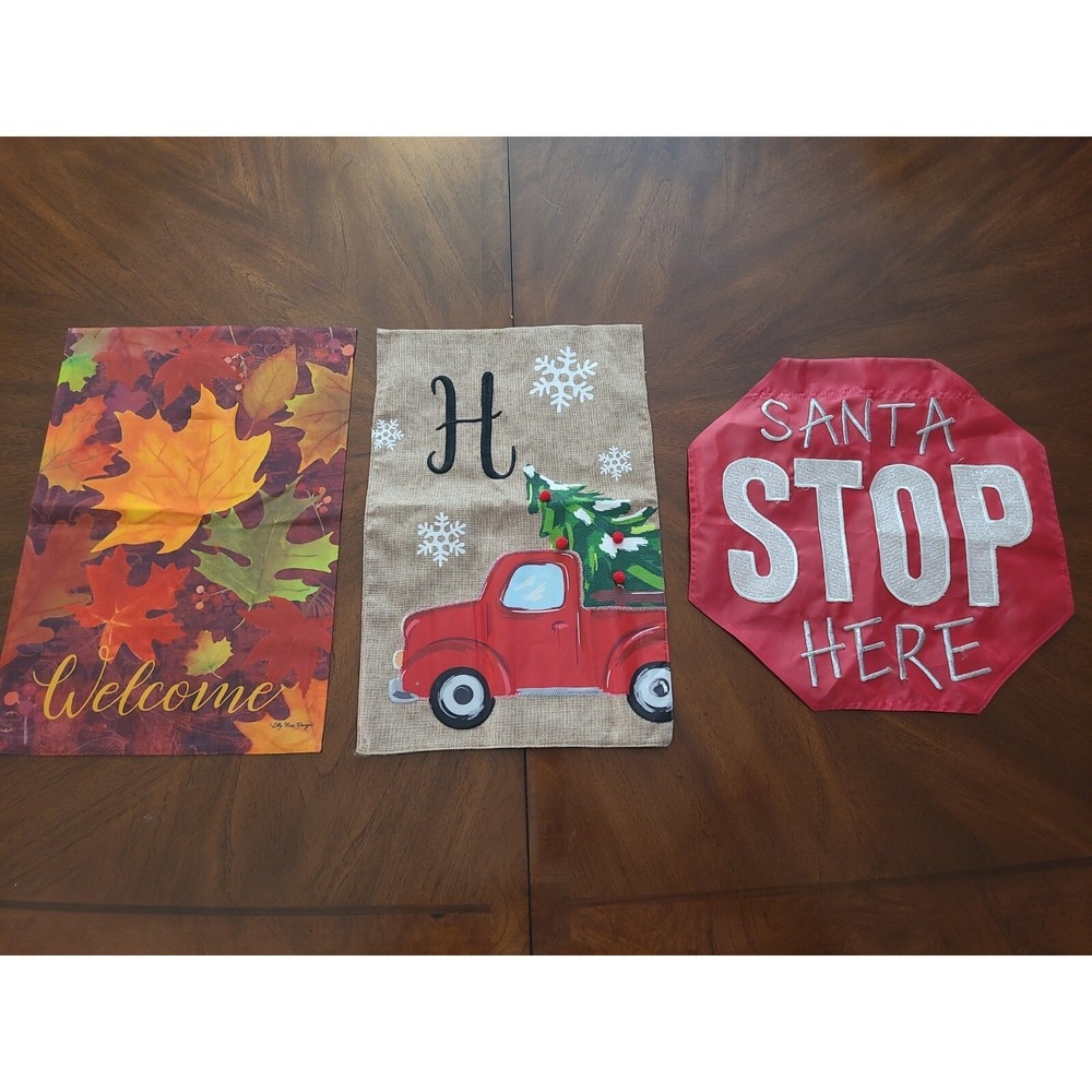 Set of 3 House Flags Welcome Double Sided Burlap Christmas Santa Fall